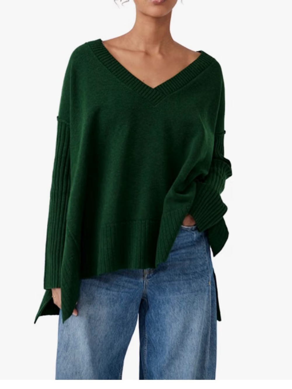 V-Neck Oversized Knit Sweater - Forest Green